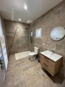 a bathroom with a toilet and a sink and a shower at Logement en campagne in Bédarrides