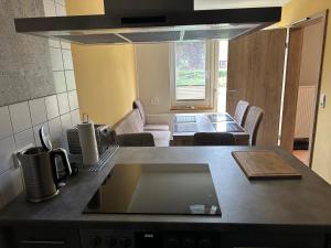 a kitchen with a counter top and a living room at Ferienwohnung Vorsicht Hotel in Deyelsdorf +7 photos