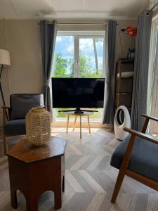 a living room with a large flat screen tv at Zonnestraal in Harderwijk