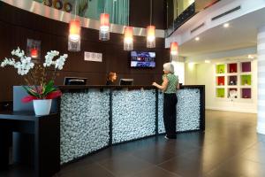 a person standing at a counter in a lobby at Le Rex Hôtel in Tarbes +51 photos