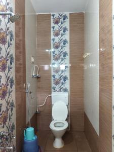 a small bathroom with a toilet and a shower at Vinayaka Homestay Hampi in Hampi