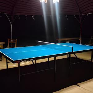 a blue ping pong table in a room with lights at elwaharesort in Wāsiţ