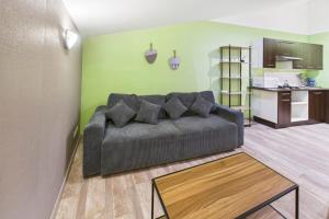 a living room with a gray couch and a kitchen at Le Cocoon Fuchsia in Romilly-sur-Seine