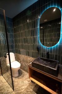 a bathroom with a toilet and a sink and a mirror at Tunet in Hemavan +20 photos