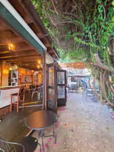 a patio with a table and chairs under a tree at Harrys Inn Guesthouse in Larnaca