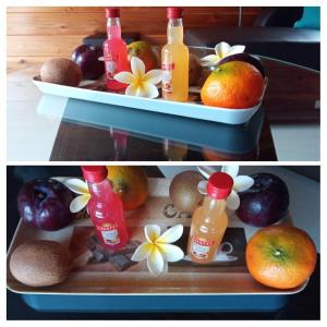 two pictures of a refrigerator filled with fruit and juice at Le ptit coin mont vert in Saint-Pierre