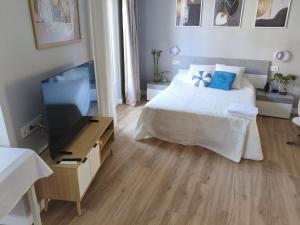 a bedroom with a bed and a flat screen tv at A un paso de Laurel Estudio con balcón in Logroño