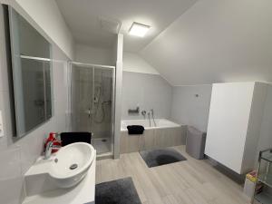 a bathroom with a sink and a shower and a tub at La Brloh Pardubice in Pardubice +12 photos