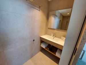 a bathroom with a sink and a shower with a mirror at Comfort bungalow 02 met jacuzzi in Putten +22 photos