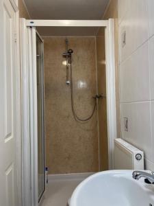 a bathroom with a shower with a sink at Penzance Central 1 & 2 Bedroom flats in Penzance +28 photos