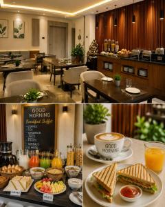 a collage of pictures of a restaurant with food and drinks at Hotel Ivory Delhi Airport in New Delhi