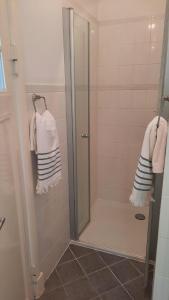 a shower with a glass door and two towels at Altbauvilla nahe Schlosspark in Eutin +36 photos