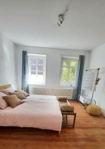 a bedroom with a large bed and two windows at Altbauvilla nahe Schlosspark in Eutin