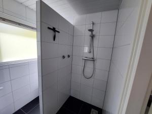 a bathroom with a shower with a shower head at Huisje nr. 18 met jacuzzi in Putten +21 photos