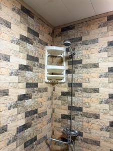 a bathroom with a shower and a tile wall at Nikola apartment ambrolauri in Ambrolauri