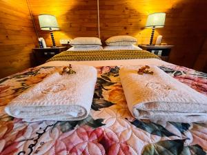 a bedroom with two beds with towels on them at Lake Cabin in Olifantshoek