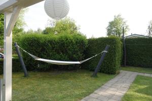 a hammock tied to a bush in a yard at Vechtdalchalet de Berk, 5 sterrenpark Capfun Stoetenslagh in Rheezerveen