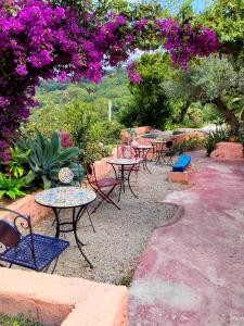 a group of tables and chairs in a garden with purple flowers at Lavillafortuna in Casa Pantano +38 photos