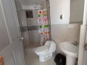 a bathroom with a toilet and a shower and a sink at Sr de Huanca in Mollepata