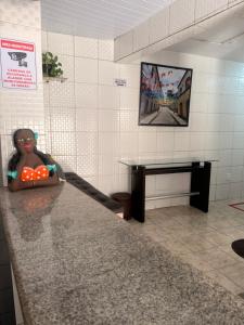 a bathroom with a doll sitting on a counter at Hospedaria Maranhense in São Luís