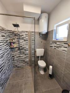 a bathroom with a toilet and a glass shower at Ora Apartment in Kastel Sucurac +8 photos