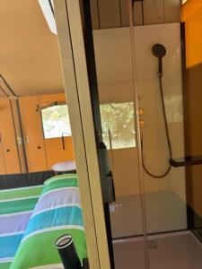 a room with a shower with a bed in it at Vulture Glamping in Melfi
