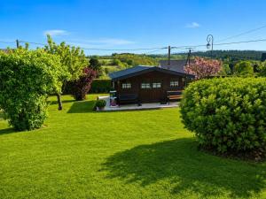 a cabin in the middle of a green yard at Le p'tit bourquin in Bourg-Fidèle