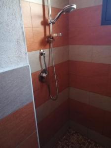 a shower in a bathroom with red and white tiles at Visit San Teodoro in San Teodoro