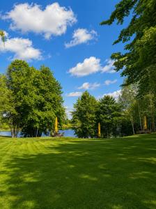 a park with grass and trees and a blue sky at Marių įlanka camping in Marijampolė