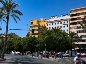a city street with a palm tree and buildings at easyHotel Alicante Centro in Alicante