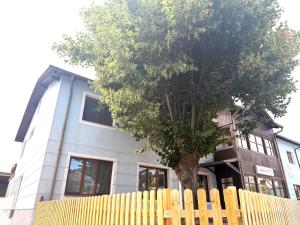a tree in front of a house with a yellow fence at Apartments Chloe - Top 5 in Hollabrunn