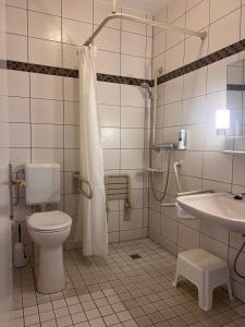 a bathroom with a toilet and a sink at Hotel Seeblick garni in Gartow +51 photos