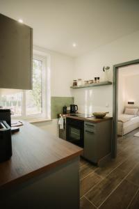 a kitchen with a stove and a counter top at Villa Medicus in Dessau