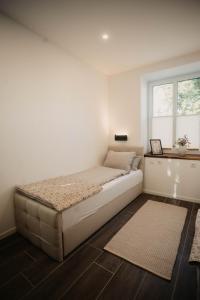 a bedroom with a bed in a room with a window at Villa Medicus in Dessau