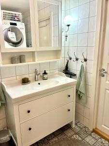 a bathroom with a sink and a mirror at Home between flights Gardermoen in Jessheim +52 photos
