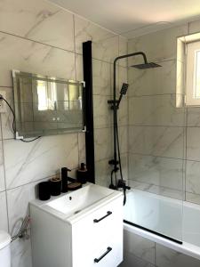 a bathroom with a shower and a sink and a tub at Fehér Villa in Kővágóörs +30 photos