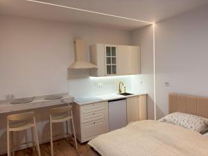 a small kitchen with a sink and a bed in a room at Furman's Court in Lublin +22 photos