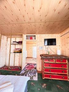 a bedroom with a bed and a red dresser in a room at NURDAN Guest House Barskoon in Barskoon