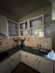 a kitchen with a bull head on the counter at Marvoi resort in Hunza Valley +8 photos