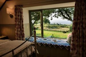 a bedroom with a window looking out at a field at Foyle View Glebe Barn in Tullyverry