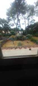 a view from a window of a park with trees at Maison tarnos in Tarnos