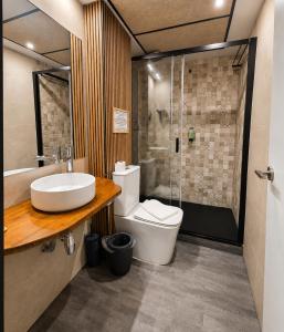 a bathroom with a toilet and a sink and a shower at Hostal Luxury Green Madrid Gran Vía in Madrid