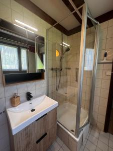 a bathroom with a sink and a shower at Ferienhaus Amrhein in Siegsdorf +30 photos