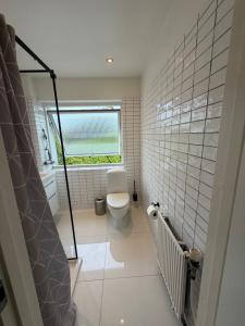 a bathroom with a toilet and a window at 24 h chek in big house in Copenhagen