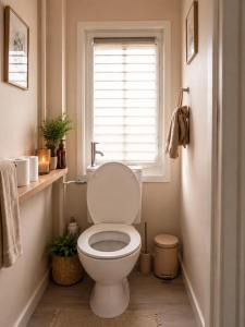 a bathroom with a white toilet and a window at Elegancia del JJM in Annemasse