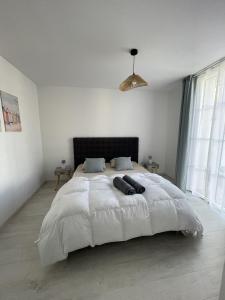 a white bedroom with a large bed with two pillows at Arcachonnaise 5 chambres, 500M de la plage et 6 vélos à disposition in Arcachon