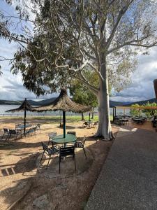 a picnic table and chairs under a tree on the beach at Casa con encanto en Darnius in Darnius