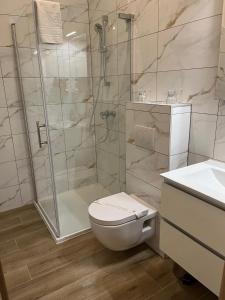 a bathroom with a shower and a toilet and a sink at Hotel Park Drniš in Drniš +31 photos