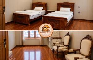 a bedroom with two beds and a room with a chair and a chairuitous at Serene Nest Hotel in Gilgit