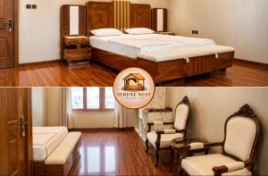 a bedroom with a bed and a living room at Serene Nest Hotel in Gilgit